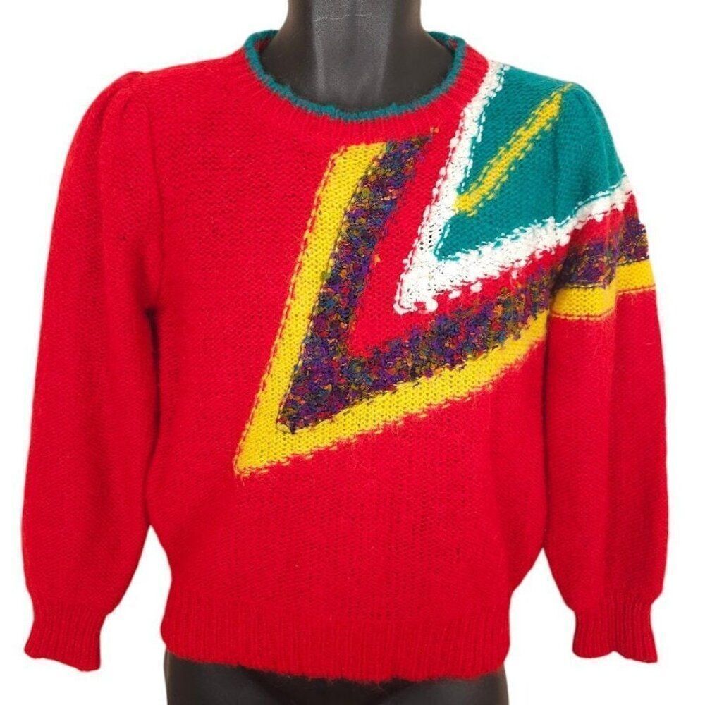 Vintage Abstract Sweater Womens Size Small Red Fuzzy